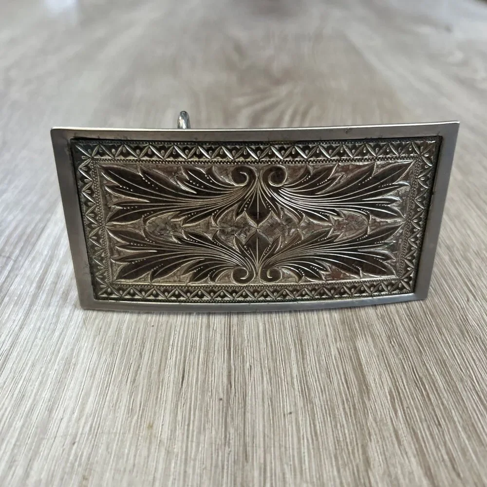 Vintage Western Cowboy Belt Buckle Nickel Plated Copper Rectangular Engraved
